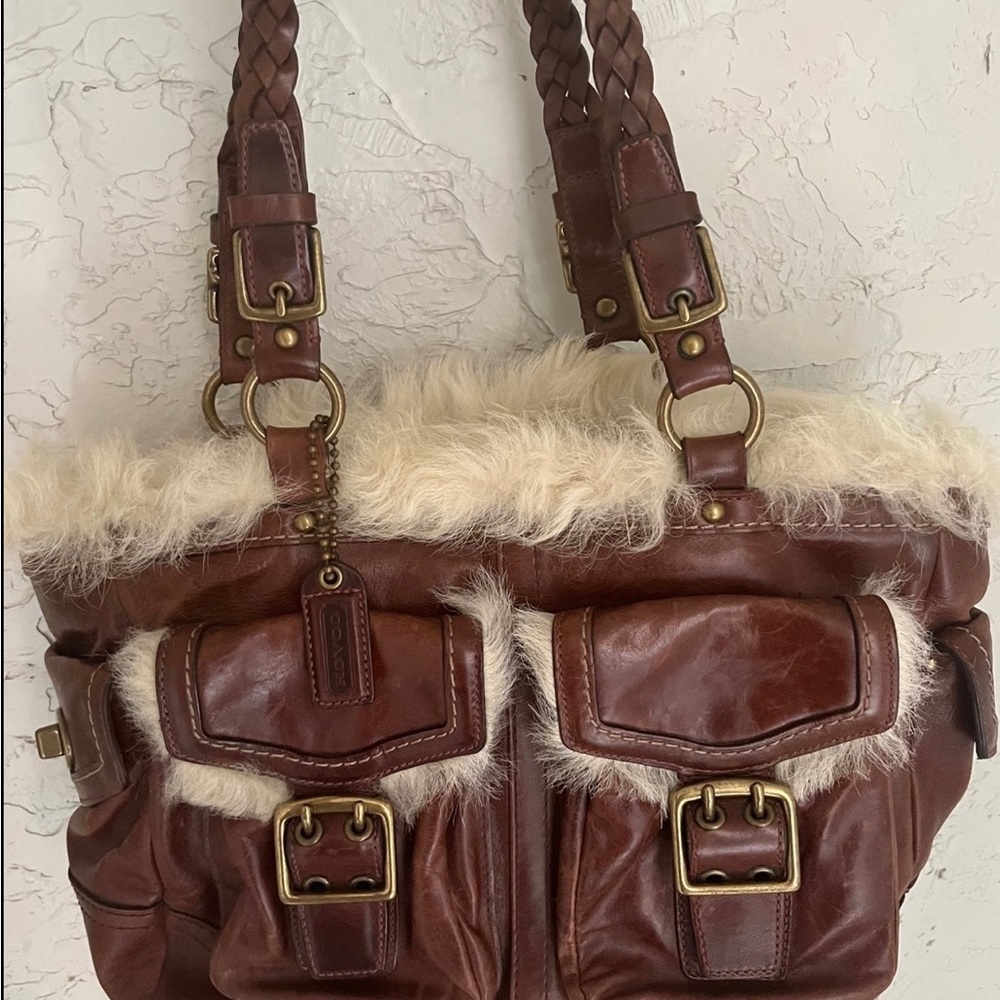 Limited Edition vintage coach bag, distressed tobacco leather & shearling trim